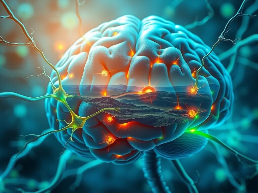 A brain in vibrant shades of blue and green, surrounded by a network of neural pathways and synaptic connections. In the foreground, a microscopic view of neurons firing, their intricate structures illuminated by a soft, natural light. In the middle ground, a scenic landscape of the human mind, with rolling hills and winding rivers of thought and memory. In the background, a hazy, ethereal backdrop that evokes the complexity and wonder of the human consciousness. The overall tone is one of scientific exploration and cerebral introspection, capturing the essence of behavioral neuroscience and its insights into the workings of the mind.