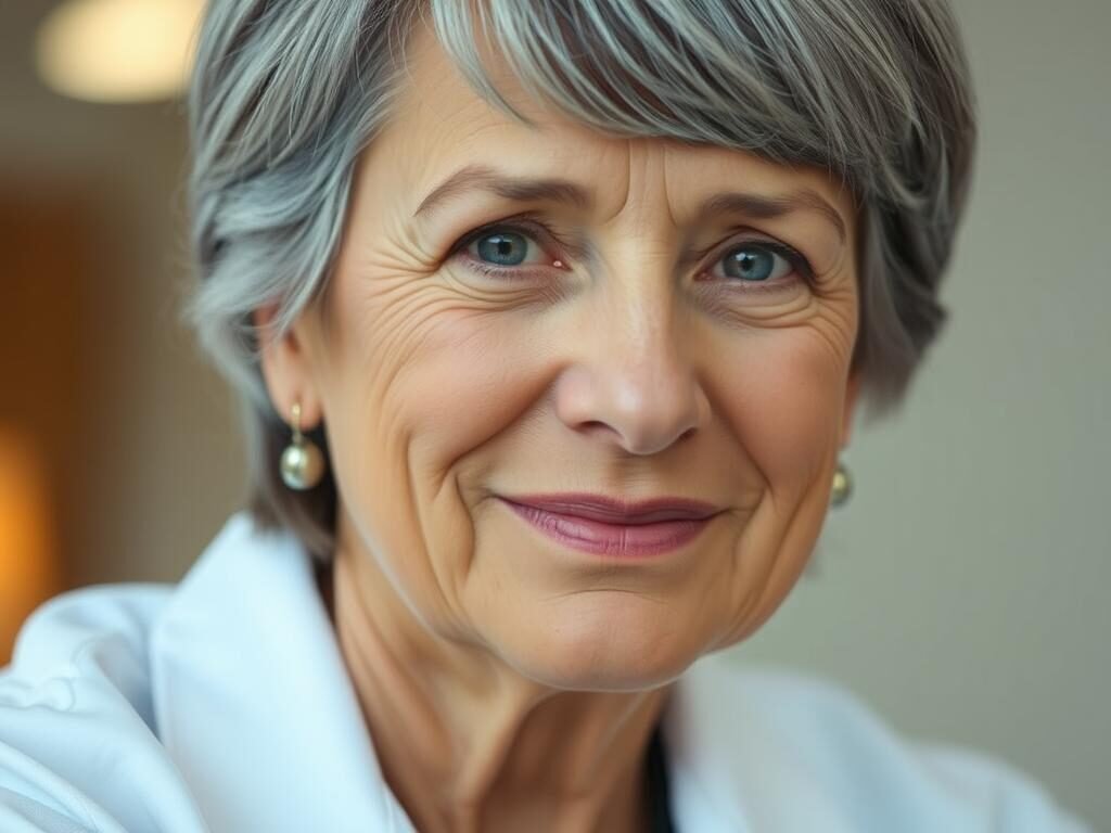 A close-up portrait of Dr. Jo Furlan, a middle-aged woman with a kind, thoughtful expression. She has short, neatly styled gray hair and is wearing a white lab coat, conveying her role as a medical professional. The lighting is soft and diffused, creating a warm, inviting atmosphere. The background is slightly blurred, placing the focus on Furlan's face and upper body. Her gaze is direct, yet compassionate, as if she is deeply engaged in a thoughtful discussion. The overall mood is one of clinical expertise and empathetic understanding, reflecting her work in identifying and addressing intrusive thoughts.