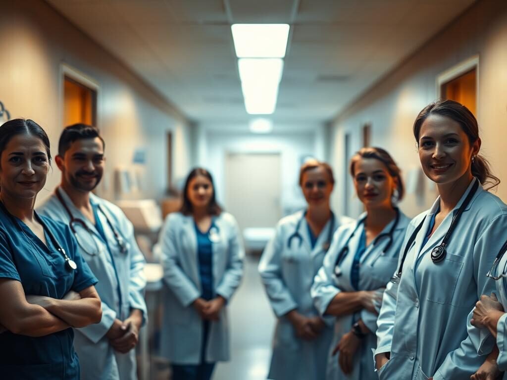 A close-up scene of a group of healthcare professionals in a hospital setting. In the foreground, a team of doctors and nurses stand together, their faces focused and attentive, clad in crisp white coats and scrubs. The middle ground showcases various medical equipment and supplies, conveying a sense of the clinical environment. In the background, a dimly lit hallway leads to a softly illuminated examination room, creating a sense of depth and tranquility. The lighting is warm and subdued, casting a soothing glow over the scene. The overall atmosphere is one of professionalism, compassion, and the dedicated pursuit of medical care.