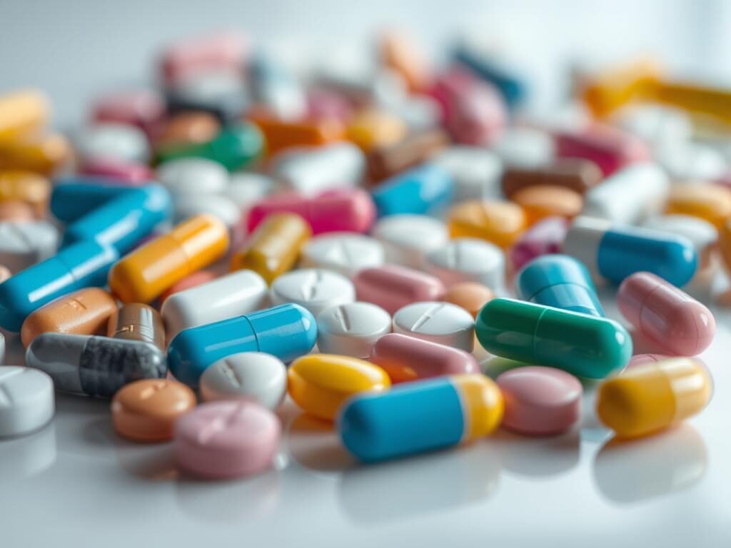 A close-up shot of an assortment of colorful medication tablets and capsules, neatly arranged on a clean, reflective surface. The lighting is soft and diffused, creating a calming, clinical atmosphere. The focus is sharp, drawing the viewer's attention to the intricate details and textures of the pills. The background is slightly blurred, creating a sense of depth and emphasizing the central subject. The overall composition conveys a sense of order and control, suggesting the potential for these medications to help manage intrusive thoughts and provide relief.
