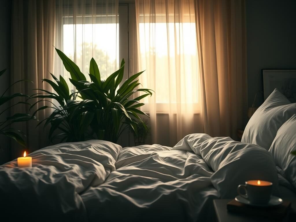 A cozy, dimly lit bedroom with soft, warm lighting filtering through sheer curtains. A plush, inviting bed with crisp white linens and a fluffy duvet, surrounded by lush, verdant houseplants that gently sway. On the nightstand, a flickering candle casts a gentle glow, and a cup of herbal tea steams nearby. The atmosphere is tranquil and serene, creating an ambiance that is conducive to restful, restorative sleep. The overall scene evokes a sense of calm, comfort, and peacefulness, perfectly capturing the essence of "hábitos saudáveis para melhorar o sono".