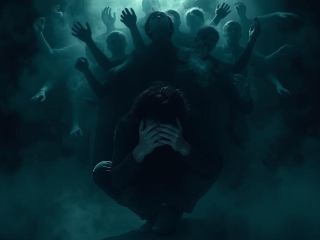 A dark, unsettling scene of intrusive thoughts manifesting as disembodied, shadowy figures looming over a solitary individual. The foreground depicts a person huddled in a fetal position, hands clasped over their head, engulfed in a swirling vortex of nebulous, ominous shapes that seem to press in from all sides. The middle ground is hazy and indistinct, with a sense of claustrophobia and unease. The background is shrouded in deep, impenetrable darkness, heightening the isolation and helplessness of the central figure. The lighting is dramatic, with harsh contrasts and dramatic chiaroscuro effects, creating a tense, foreboding atmosphere. The overall impression is one of the debilitating impact of intrusive thoughts, their relentless, overwhelming nature, and the profound distress they can inflict on an individual's psyche and daily life.