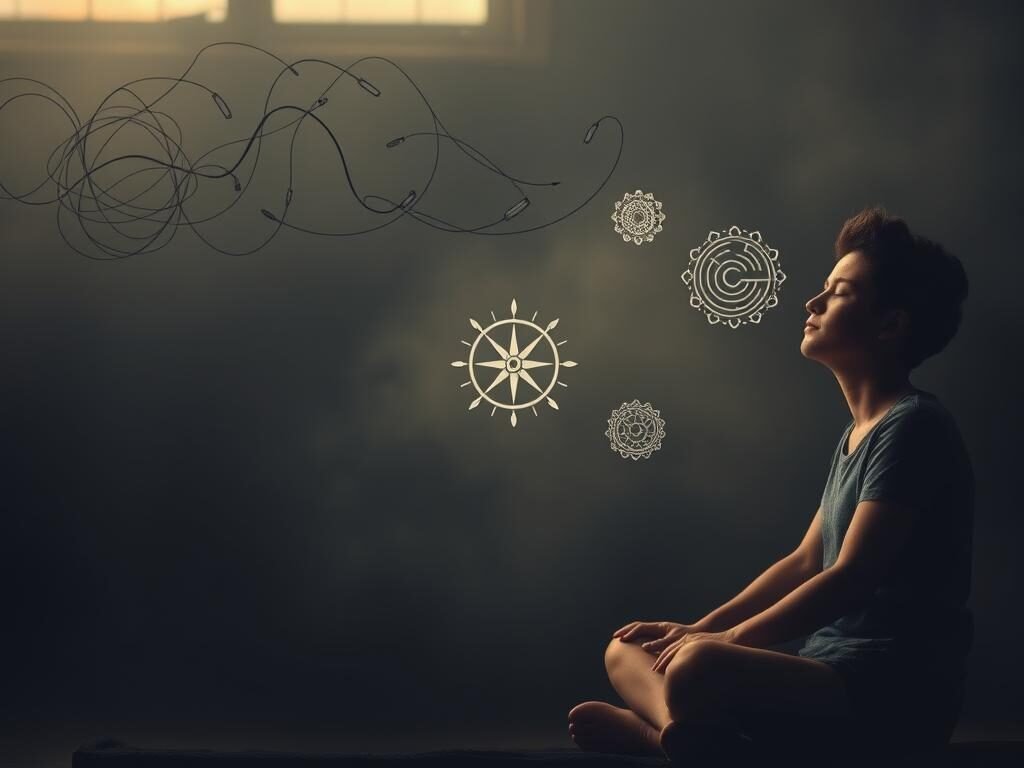 A dimly lit, contemplative scene depicting strategies for dealing with intrusive thoughts. In the foreground, a person sits cross-legged, eyes closed, their expression serene and focused. Swirling, ethereal tendrils of thought emerge from their mind, representing the intrusive mental processes. In the middle ground, symbolic icons and visualizations float, offering guidance and tools for managing these unwanted thoughts - a compass, a labyrinth, a soothing mandala. The background is hazy, with muted tones and a sense of tranquility, conveying an atmosphere of inner peace and resolution. Soft, natural lighting casts a warm glow, creating an introspective, meditative mood.