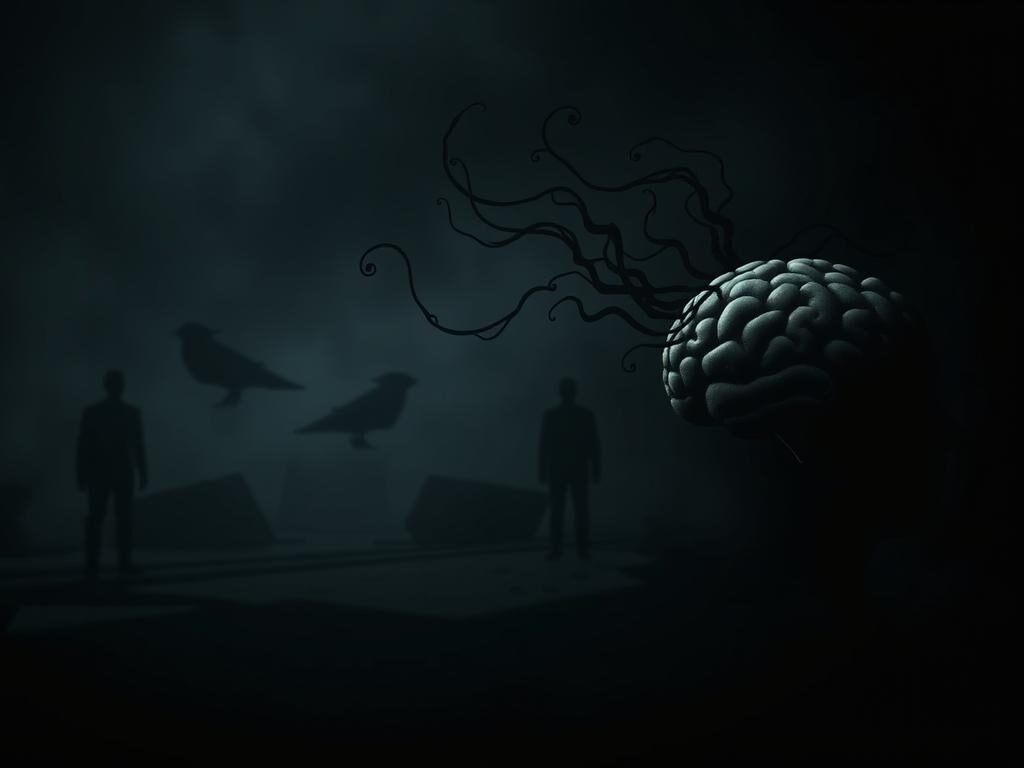 A dimly lit, introspective scene depicting the root causes of intrusive thoughts. In the foreground, a stylized human brain emits swirling tendrils of dark energy, representing the complex neurological processes underlying these unwanted mental experiences. In the middle ground, abstract geometric shapes and shadowy figures symbolize the psychological and emotional factors that can trigger intrusive thoughts, such as anxiety, trauma, and obsessive tendencies. The background is shrouded in a hazy, ominous atmosphere, conveying the unsettling, disruptive nature of these unwelcome mental intrusions. Muted colors and dramatic chiaroscuro lighting create a pensive, contemplative mood, inviting the viewer to ponder the inner workings of the mind.