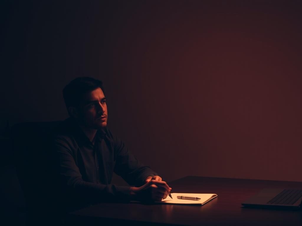 A dimly lit, minimalist office setting with a person sitting at a desk, deeply engaged in contemplation. The room is bathed in a soft, warm light, creating a sense of introspection and focus. The desk is uncluttered, with a notebook and a single pen, symbolizing the individual's effort to address their intrusive thoughts. The person's expression is one of concentration, their brow furrowed as they grapple with the weight of their internal struggles. The background is muted, allowing the viewer to direct their attention to the central figure and their journey towards effective treatment and intervention.