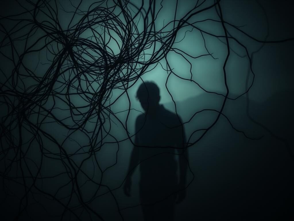 A dimly lit room, shrouded in a hazy, unsettling atmosphere. In the foreground, a tangled web of thoughts and emotions, represented by tendrils of dark, wispy energy swirling and converging. The middle ground features a figure, their face obscured, trapped within this mental labyrinth, their body language conveying a sense of unease and distress. The background is a blurred, indistinct landscape, hinting at the internal struggle and isolation experienced by the subject. The lighting is soft and moody, casting shadows that add depth and complexity to the scene. The overall tone is one of introspection, anxiety, and the weight of intrusive thoughts that disrupt and unsettle the mind.