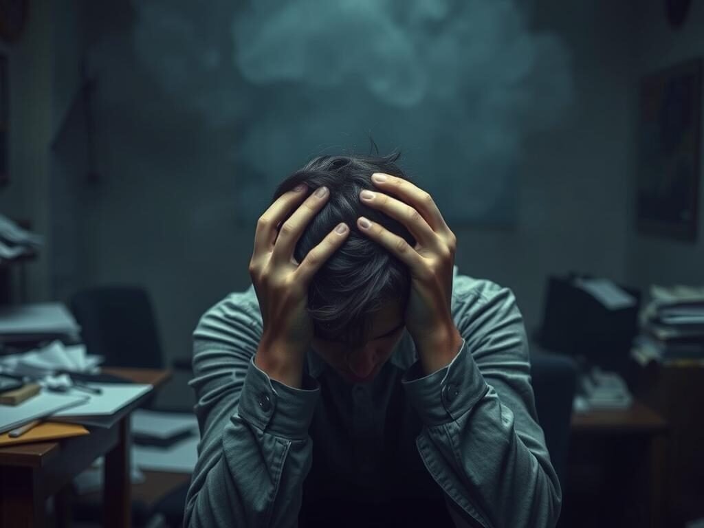 A dimly lit room with a cluttered desk and scattered papers, symbolizing the disorganized and overwhelming nature of intrusive thoughts. In the foreground, a person's hands gripping their head, their face obscured, conveying the distress and anguish caused by these unwanted mental intrusions. The background is hazy, with shadows creeping in, creating an atmosphere of unease and anxiety. Diffused lighting casts a somber, moody tone, emphasizing the seriousness of the subject matter. The overall scene evokes a sense of vulnerability and the need for a solution to the identified risk factors.