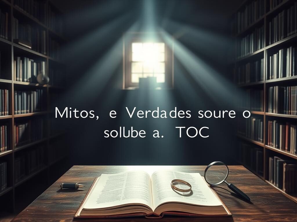 A dimly lit study, with shelves of books lining the walls, casting soft shadows across the room. In the center, a wooden desk holds an open journal, a pen, and a magnifying glass - symbols of deep contemplation and the pursuit of truth. The background is hazy, conveying a sense of introspection and focus. Subtle rays of light pierce through the window, illuminating the scene and hinting at the complexities of the topic at hand - "Mitos e Verdades sobre o TOC". The overall atmosphere is one of thoughtful exploration, inviting the viewer to delve into the nuances of this subject matter.