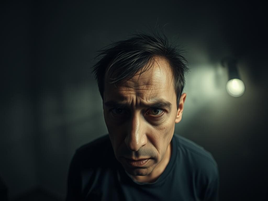 A disoriented individual standing in a dimly lit room, lost in a swirl of intrusive thoughts. The foreground focuses on their face, brow furrowed, eyes darting anxiously, as if grappling with an unseen internal struggle. The middle ground features a hazy, dreamlike backdrop, with indistinct shapes and shadows, conveying a sense of unease and uncertainty. The lighting is low-key, casting dramatic shadows and creating a somber, introspective atmosphere. The lens is slightly distorted, adding to the unsettling, distorted perspective, as if the viewer is experiencing the scene through the individual's own troubled mind.
