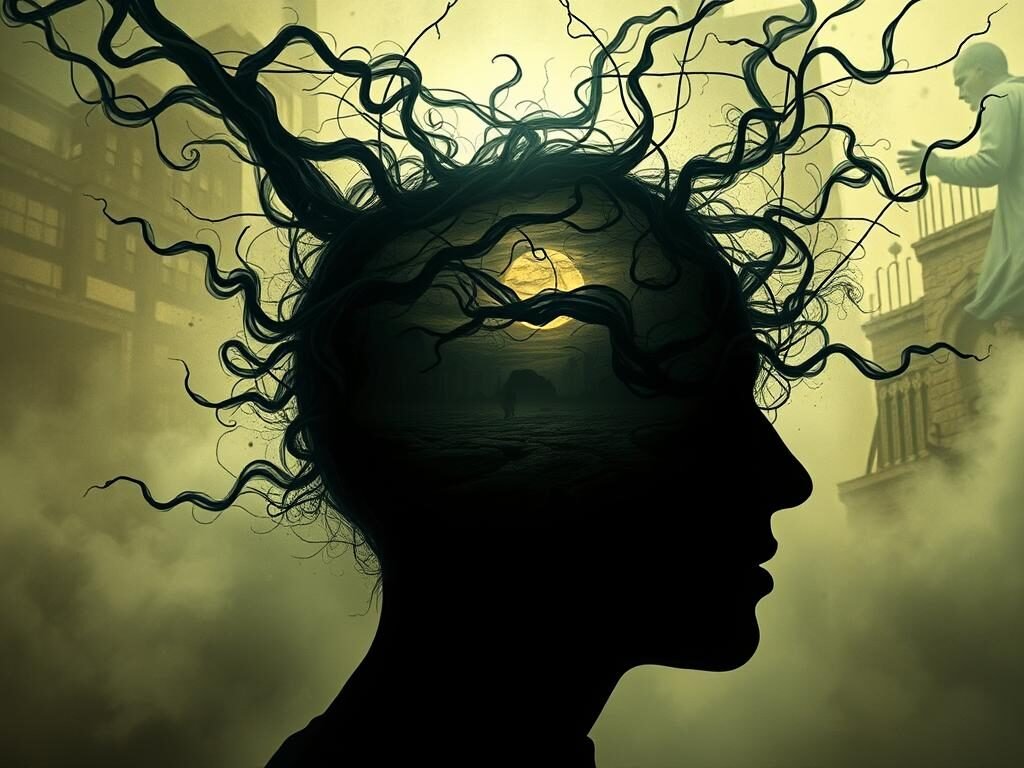 A distressed individual's mind, plagued by intrusive thoughts, depicted through a surreal, unsettling scene. In the foreground, a head filled with swirling, shadowy forms, representing the intrusive nature of these unwelcome mental disturbances. The middle ground features a fractured, fragmented landscape, symbolizing the disruptive impact of these thoughts on one's sense of stability and well-being. The background is shrouded in a hazy, ominous atmosphere, conveying the overwhelming and pervasive nature of these persistent mental patterns. Dramatic lighting casts dramatic shadows, heightening the sense of unease and tension. The overall composition evokes a sense of psychological turmoil and the struggle to overcome the relentless onslaught of intrusive thoughts.