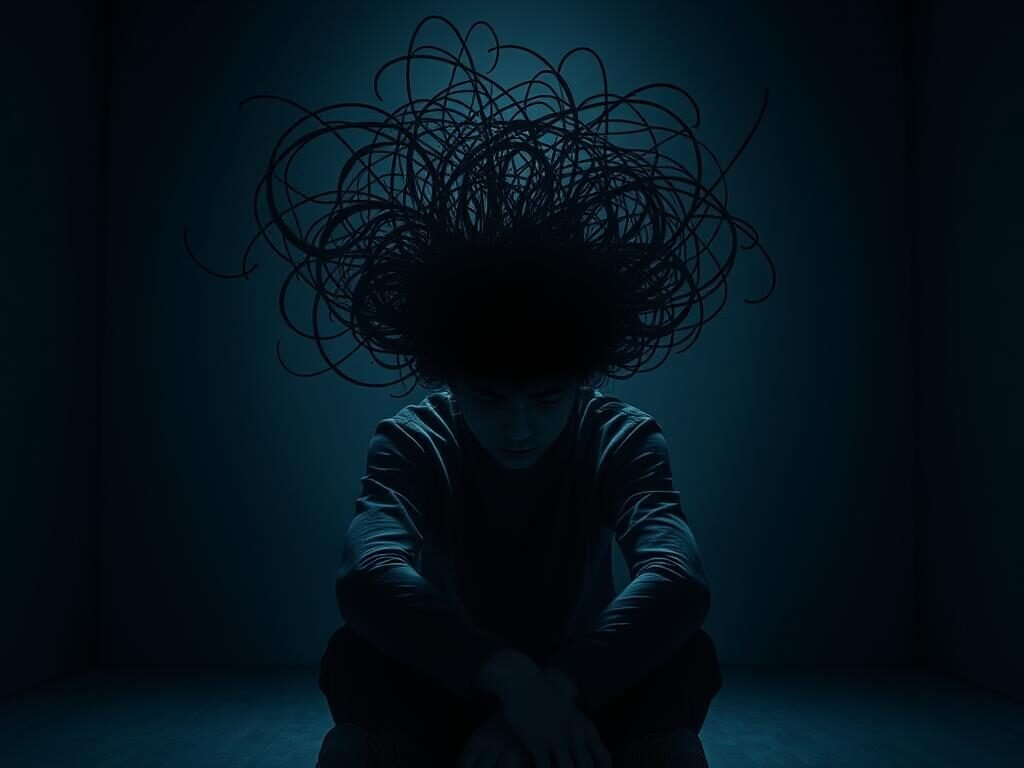 A distressed young person sits alone, their face obscured by a tangle of ominous, shadowy thoughts swirling around their head. The background is a dimly lit, claustrophobic room, devoid of comfort or escape. Harsh, dramatic lighting casts deep shadows, creating a sense of unease and inner turmoil. The figure's posture is hunched, their expression hidden, conveying a profound sense of being overwhelmed by intrusive, unwanted mental processes. The overall atmosphere is one of psychological discomfort and the struggle to make sense of and control disruptive thought patterns.