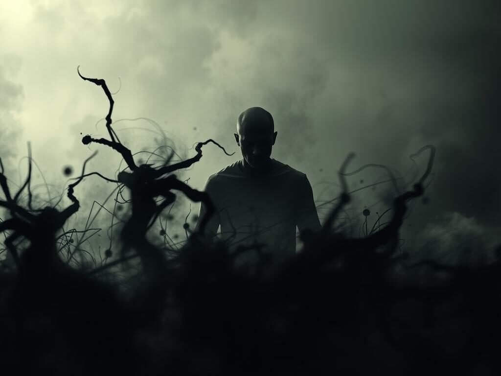 A disturbing and unsettling scene of violent thoughts, depicted through a dark, moody, and intense composition. In the foreground, a swirling mass of shadowy, abstract forms representing the chaotic and intrusive nature of these thoughts, with sharp, jagged edges and a sense of tension and unease. In the middle ground, a lone, disembodied figure, their face obscured, serving as a symbolic embodiment of the individual grappling with these intrusive mental states. The background is shrouded in a hazy, atmospheric mist, creating a sense of isolation and the overwhelming nature of these violent thoughts. The lighting is dramatic, with harsh, contrasty shadows and highlights, adding to the sense of foreboding and unease. The overall composition and tone convey the gravity and importance of recognizing and addressing these violent thoughts, as a crucial step in overcoming the fear of harming others.