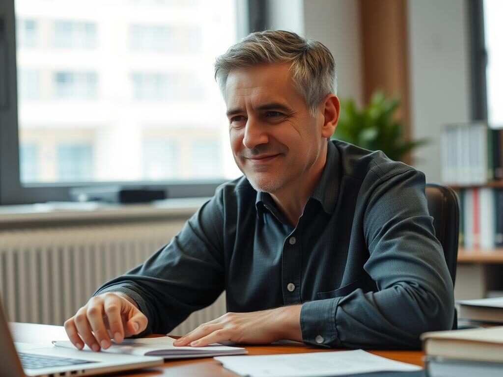 A middle-aged man with a warm, friendly expression sits at a desk, deep in thought. He has short, neatly styled gray hair and a subtle smile. The office environment is well-lit, with a large window behind him providing natural illumination. On the desk, there are notes, books, and a laptop, suggesting an academic or professional setting. The mood is contemplative and serene, inviting the viewer to engage with the subject's intellectual exploration of the human mind. The camera angle is slightly elevated, creating a sense of authority and expertise. Overall, the image conveys the thoughtful and insightful perspective of Dr. João Furlan on the topic of intrusive thoughts.