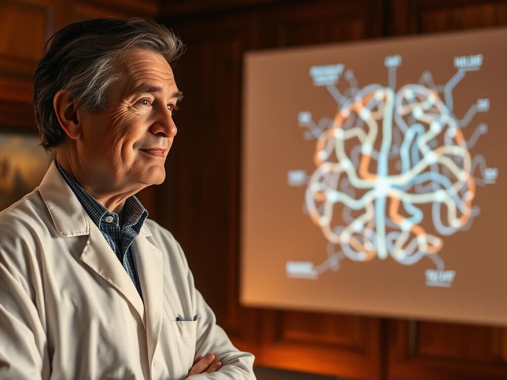 A middle-aged man with distinguished features, wearing a crisp white lab coat, stands against a backdrop of a dimly lit, wood-paneled study. His brow is furrowed in deep contemplation, a hint of a smile playing on his lips as he gazes intently at a complex neural diagram projected onto the wall before him. The warm, golden light from a desk lamp casts a soft glow, creating an atmosphere of intellectual focus and curiosity. The scene evokes a sense of Dr. João Furlan's expertise in the field of behavioral neuroscience, his dedication to understanding the intricate workings of the human mind.