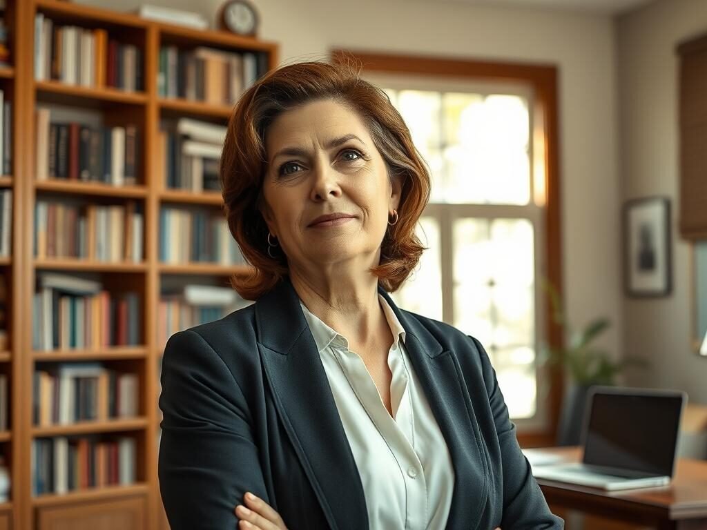 A middle-aged woman with a warm, thoughtful expression stands in a cozy, well-lit home office. Dr. Jo Furlan, a renowned psychologist, is captured in a 3/4 view, dressed in a professional yet stylish blouse and blazer. Her brown hair is styled neatly, and she gazes intently, as if deep in contemplation. The background features a large bookshelf filled with psychology texts, a desk with a laptop, and a large window allowing natural light to flood the space. The overall mood is one of intellectual engagement and clinical expertise.