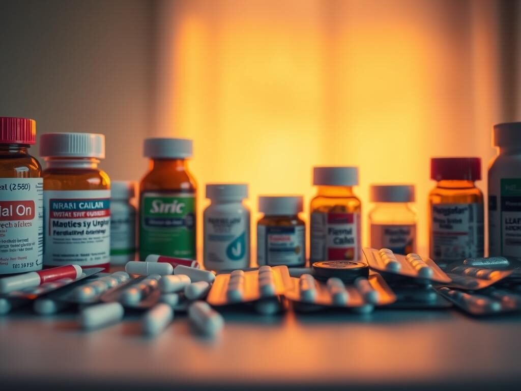 A neatly arranged display of various medication bottles and pill packets, illuminated by warm, diffused lighting that casts subtle shadows. The foreground features a collection of prescription drugs, their labels and packaging design conveying a sense of medical authority and therapeutic purpose. In the middle ground, a blurred, hazy background suggests a calming, introspective atmosphere, hinting at the role of these medications in managing intrusive thoughts and promoting mental well-being. The overall composition and color palette evoke a sense of order, control, and the potential for healing, reflecting the topic of the article's section on the role of medication in controlling intrusive thoughts.