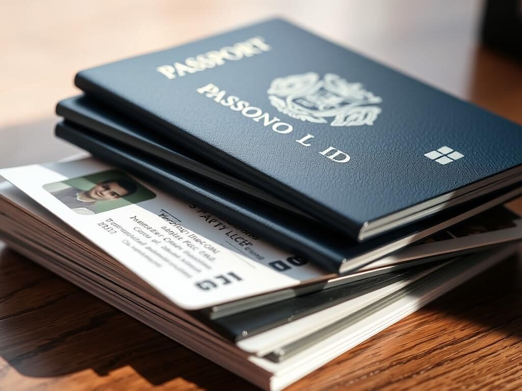 A neatly stacked pile of identification documents, including a passport, national ID card, and driver's license, resting on a wooden desk. The lighting is soft and natural, casting gentle shadows and highlighting the textured surfaces. The documents are arranged in a visually appealing and symmetrical manner, conveying a sense of order and organization. The background is slightly blurred, creating a focus on the identification items and suggesting their importance. The overall tone is one of professionalism and attention to detail, reflecting the seriousness and significance of personal identification.