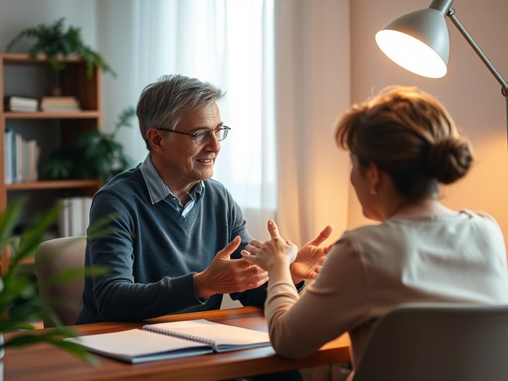 A professional counselor providing compassionate guidance, sitting at a wooden desk in a warm, cozy home office. Soft lighting from a floor lamp creates a reassuring, empathetic atmosphere. The counselor's expression conveys understanding and a willingness to listen intently, conveying the sense of a safe, supportive space for difficult emotions. Subtle plants and bookshelf in the background suggest a nurturing, therapeutic environment. Composition emphasizes the counselor's focused attention on the person they are helping, capturing the essence of professional assistance during a moment of emotional turmoil.