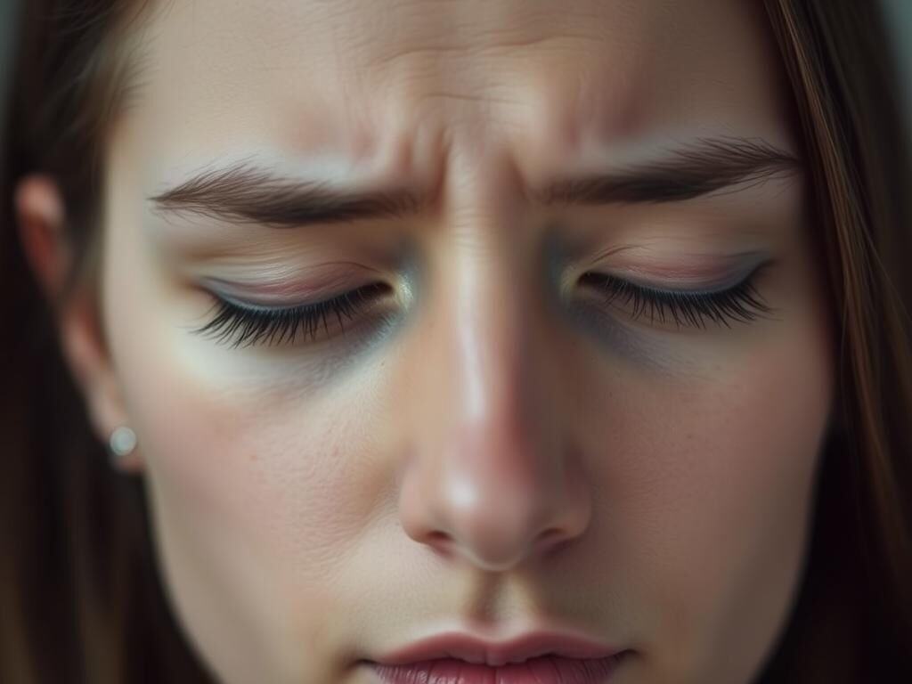 A serene, close-up portrait of a person's face, their eyes closed in contemplation, brow furrowed with a look of deep concentration. The lighting is soft and diffused, creating a sense of tranquility and introspection. The background is slightly blurred, with muted colors that create a calming, meditative atmosphere. The subject's expression conveys a sense of the internal struggle and cognitive distress associated with generalized anxiety disorder, without being overly dramatic or exaggerated. The overall mood is one of quiet reflection and the inner journey of navigating intrusive thoughts and rumination.