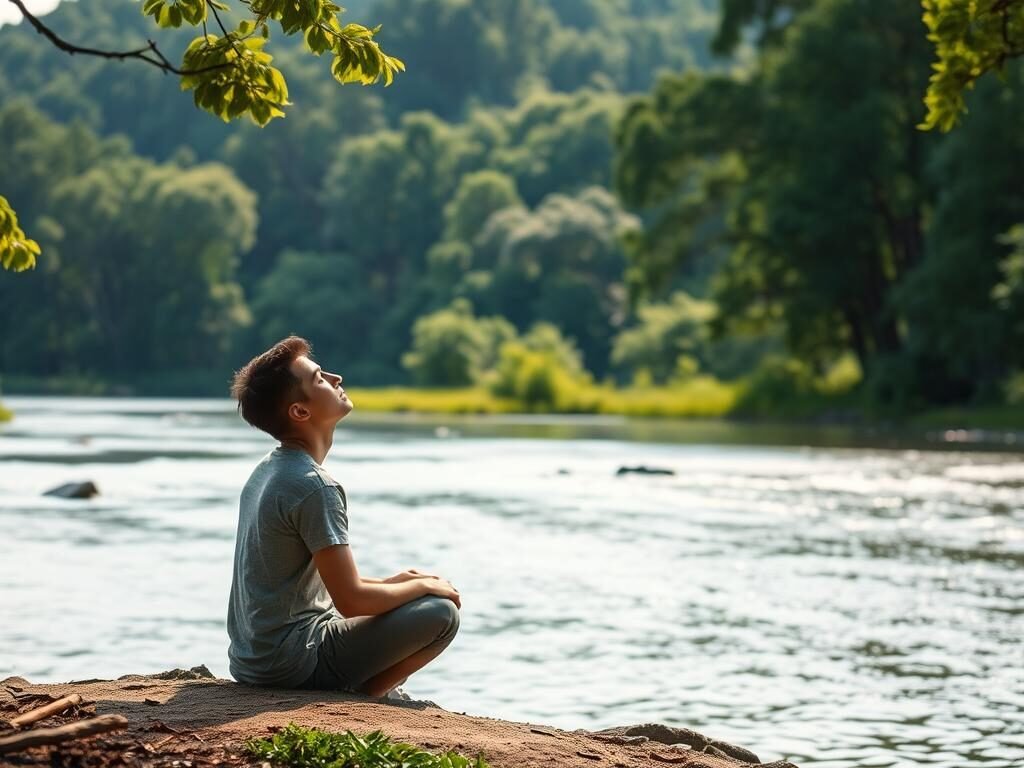 A serene, contemplative landscape depicting the process of cognitive restructuring. In the foreground, a person sits cross-legged, their eyes closed in deep introspection, their expression calm and focused. The middle ground features a gently flowing river, its surface reflecting the surrounding environment in a soothing, mirror-like manner. In the background, a lush, verdant forest rises, its canopy of trees casting dappled light over the scene, creating a sense of tranquility and inner peace. The lighting is soft and diffused, creating a warm, comforting atmosphere that encourages the viewer to pause and reflect. The angle is slightly elevated, providing a sense of perspective and a bird's-eye view of the serene tableau.