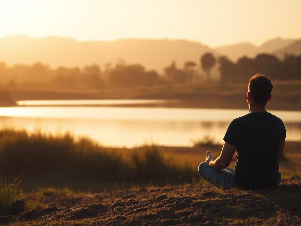 A serene, contemplative landscape depicting the process of "mudança de mentalidade" (change of mindset). In the foreground, a person sits cross-legged, eyes closed, embodying deep introspection. The middle ground features a tranquil pond, its still waters reflecting the surrounding nature. In the background, trees and mountains rise, symbolizing the expansive, transformative journey of the mind. Soft, warm lighting filters through, creating a sense of warmth and growth. The scene conveys a meditative atmosphere, encouraging the viewer to pause and reflect on the inner workings of the mind and the power of shifting one's perspective.