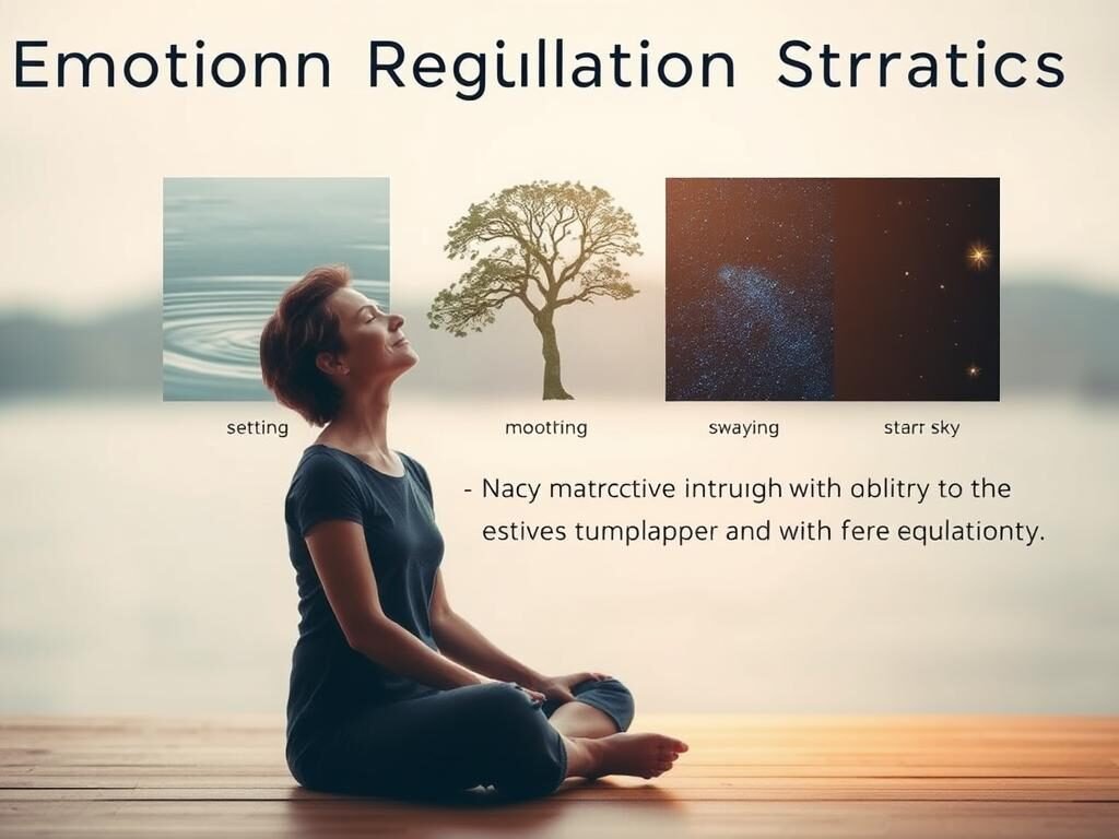 A serene, contemplative scene depicting emotional regulation strategies. In the foreground, a person sits cross-legged, eyes closed, hands resting gently on their lap, exuding a sense of inner calm and focus. The middle ground features various symbolic elements representing different emotion management techniques - a peaceful lake with soothing ripples, a tree with swaying branches, and a starry night sky. The background is softly blurred, creating a sense of depth and tranquility. The lighting is soft and diffused, casting a warm, meditative glow over the entire scene. The overall atmosphere is one of introspection, mindfulness, and the ability to navigate intrusive thoughts with grace and equanimity.