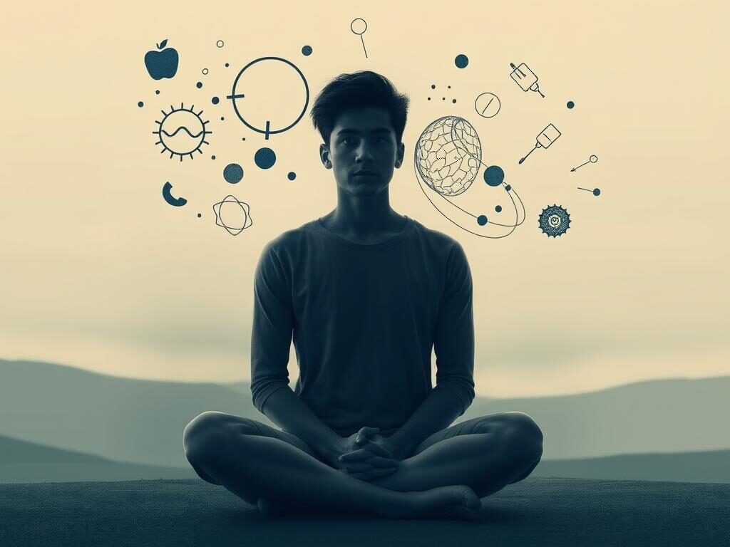 A serene, contemplative scene depicting the process of educating about intrusive thoughts. In the foreground, a person sits cross-legged, brow furrowed in deep thought, a soft light illuminating their face. In the middle ground, abstract shapes and symbols representing the complex nature of intrusive thoughts float and swirl, hinting at the internal struggle. The background is a calming, minimalist landscape, with muted colors and a sense of tranquility, suggesting the potential for understanding and growth. The overall mood is one of thoughtfulness, empathy, and the pursuit of mental wellness.