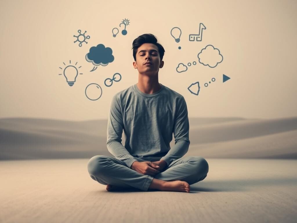 A serene, contemplative scene depicting the process of identifying intrusive mental patterns. In the foreground, a pensive individual sitting cross-legged, their eyes closed in deep focus, surrounded by a soft, muted color palette. In the middle ground, abstract shapes and forms representing the intrusive thoughts swirling around the person's mind, each one distinct and recognizable. The background is a tranquil, minimalist landscape, with muted hues and subtle textures that convey a sense of calm and introspection. The lighting is soft and diffused, creating a soothing, meditative atmosphere. The overall composition and tone evoke the act of identifying and understanding one's own mental patterns, a crucial step in addressing intrusive thoughts and maintaining mental well-being.