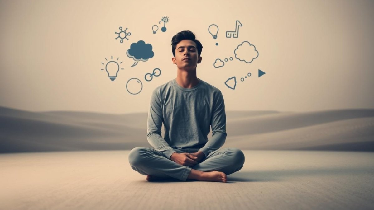 A serene, contemplative scene depicting the process of identifying intrusive mental patterns. In the foreground, a pensive individual sitting cross-legged, their eyes closed in deep focus, surrounded by a soft, muted color palette. In the middle ground, abstract shapes and forms representing the intrusive thoughts swirling around the person's mind, each one distinct and recognizable. The background is a tranquil, minimalist landscape, with muted hues and subtle textures that convey a sense of calm and introspection. The lighting is soft and diffused, creating a soothing, meditative atmosphere. The overall composition and tone evoke the act of identifying and understanding one's own mental patterns, a crucial step in addressing intrusive thoughts and maintaining mental well-being.