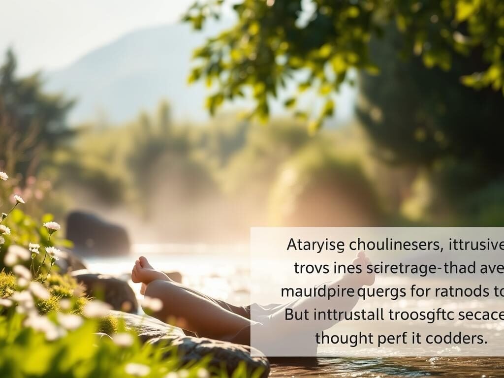 A serene, contemplative scene of a person sitting cross-legged, eyes closed, in a peaceful garden setting. Soft, natural lighting filters through lush greenery, casting gentle shadows. The figure is surrounded by delicate flowers and flowing water, conveying a sense of tranquility and focus. In the background, a mist-shrouded mountain range hints at the expansive, calming nature of the environment. The overall mood is one of mindfulness and inner reflection, encouraging the viewer to find strategies for managing intrusive thoughts.