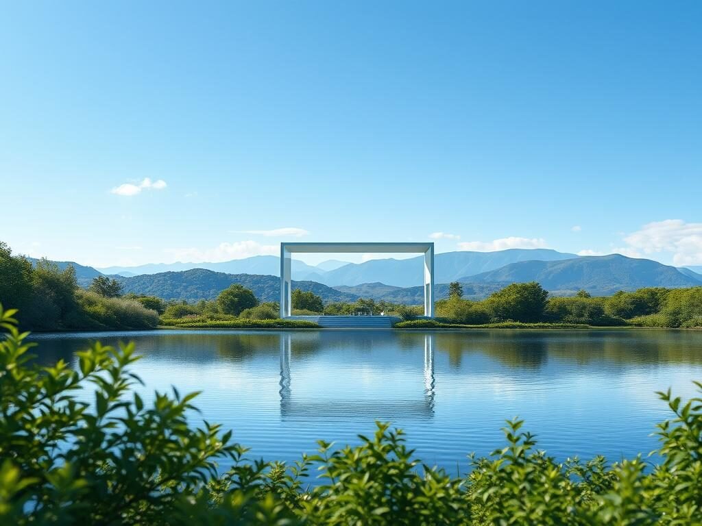 A serene digital landscape, where technology and nature exist in harmonious balance. In the foreground, a tranquil lake reflects the azure sky, its surface unbroken by any ripple. Surrounding the lake, lush, verdant foliage sways gently in a soft breeze, creating a soothing, natural ambiance. In the middle ground, a sleek, minimalist structure made of glass and steel stands, its clean lines and modern design juxtaposed against the organic backdrop. Soft, diffused lighting filters through the structure, creating a warm, inviting atmosphere. In the background, rolling hills and distant mountains rise, their silhouettes fading into the horizon, symbolizing the vastness and interconnectedness of the digital and physical realms. The overall scene conveys a sense of balance, tranquility, and the harmonious integration of technology and nature.