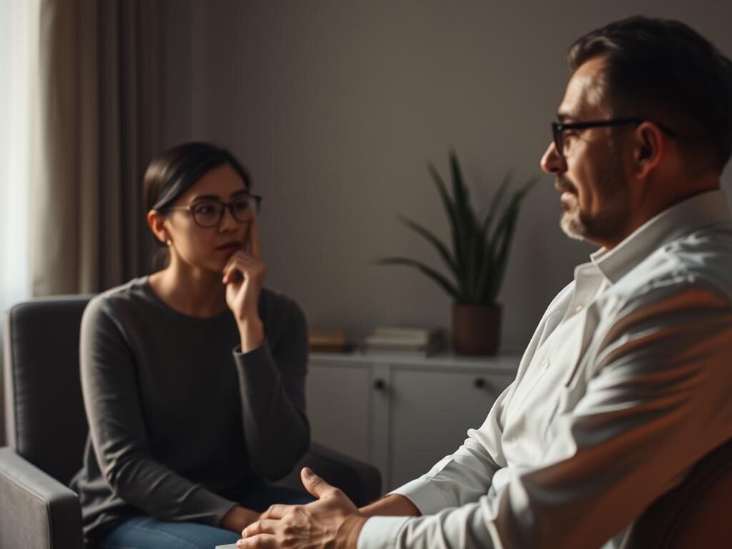 A serene, dimly lit office setting with a professional counselor or therapist sitting across from a thoughtful, pensive client. The counselor's expression is one of empathy and attentiveness, while the client's face conveys a sense of introspection and vulnerability. Soft, warm lighting casts a calming glow, creating an atmosphere of trust and open dialogue. The room is sparsely furnished, with neutral tones and minimal decor, allowing the focus to remain on the two figures engaged in a meaningful exchange. The composition emphasizes the connection between the counselor and client, conveying the idea of professional help and guidance during a period of inner turmoil.