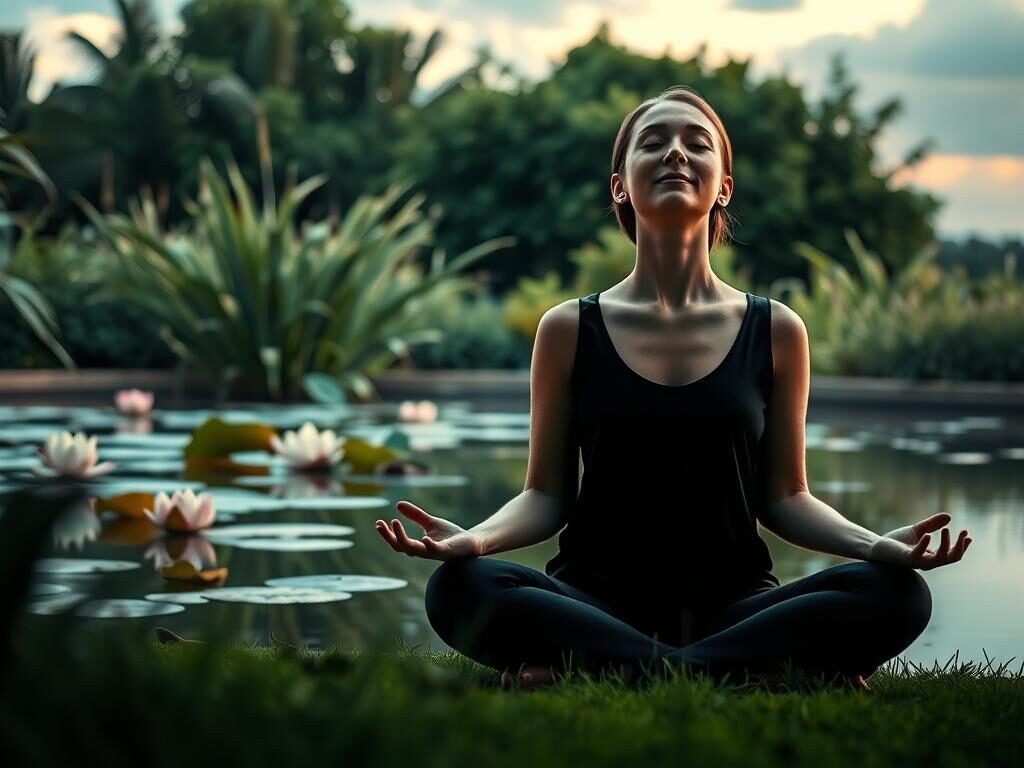 A serene garden setting, with a peaceful pond reflecting the sky's calming hues. In the foreground, a person seated in a lotus position, eyes closed, radiating an aura of tranquility. Soft, diffused lighting bathes the scene, creating a contemplative atmosphere. In the middle ground, floating lotus blossoms and swaying reeds add natural elements. The background features lush, verdant foliage, conveying a sense of seclusion and mindfulness. The overall composition suggests a harmonious balance between the individual and the natural world, embodying the essence of mindfulness strategies.
