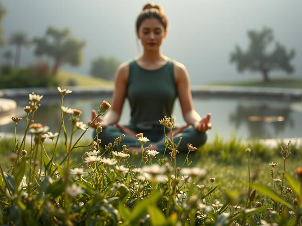 A serene garden setting, with a person seated in a cross-legged meditation pose, surrounded by lush greenery and a tranquil pond. Soft, diffused lighting casts a calming glow, creating an atmosphere of mindfulness. In the foreground, delicate flowers and herbs symbolize the fragility and resilience of the mind. The person's expression is one of deep contemplation, as they practice techniques to quiet the intrusive thoughts that often plague the human psyche. The background features a minimalist, Zen-inspired landscape, emphasizing the importance of finding inner peace amidst the chaos of the mind.