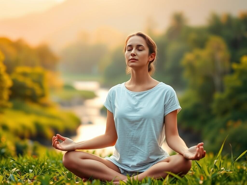 A serene landscape with a person seated in a meditative lotus position, surrounded by a lush, verdant forest. The scene is bathed in warm, soft lighting, creating a sense of tranquility and inner peace. The person's eyes are closed, their face expression one of deep focus and presence. In the background, a gently flowing stream or river reflects the scene, adding to the calming atmosphere. The overall composition suggests a state of mindfulness, where the individual is fully immersed in the present moment, disconnected from the chatter of the mind.