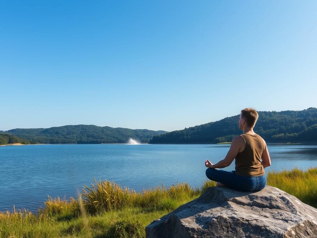 A serene landscape with a tranquil lake, surrounded by lush greenery and a clear blue sky. In the foreground, a person sits cross-legged on a rock, their eyes closed in meditation, exuding a sense of inner peace and mindfulness. The lighting is soft and diffused, creating a calming atmosphere. The scene conveys a feeling of being present in the moment, disconnected from the distractions of the modern world. The composition is balanced, with the person positioned off-center, allowing for a sense of open space and contemplation.