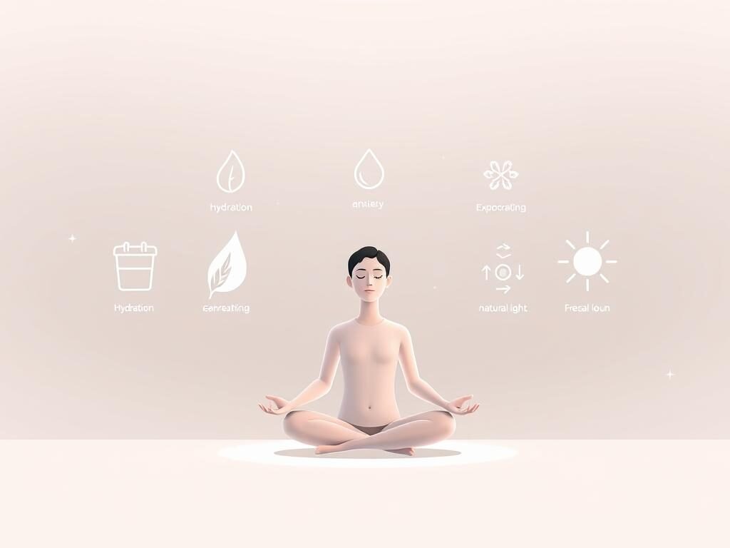 A serene, minimalist illustration depicting effective behavioral strategies for managing anxiety. In the foreground, a tranquil figure sitting in a lotus position, eyes closed, conveying a sense of focused mindfulness. The middle ground features a variety of simple icons representing healthy coping mechanisms, such as a water droplet for hydration, a leaf for deep breathing, and a sun for exposure to natural light. The background is a soft, muted gradient, creating a calming, therapeutic atmosphere. Lit by soft, diffused lighting, the scene evokes a sense of balance, control, and inner peace.