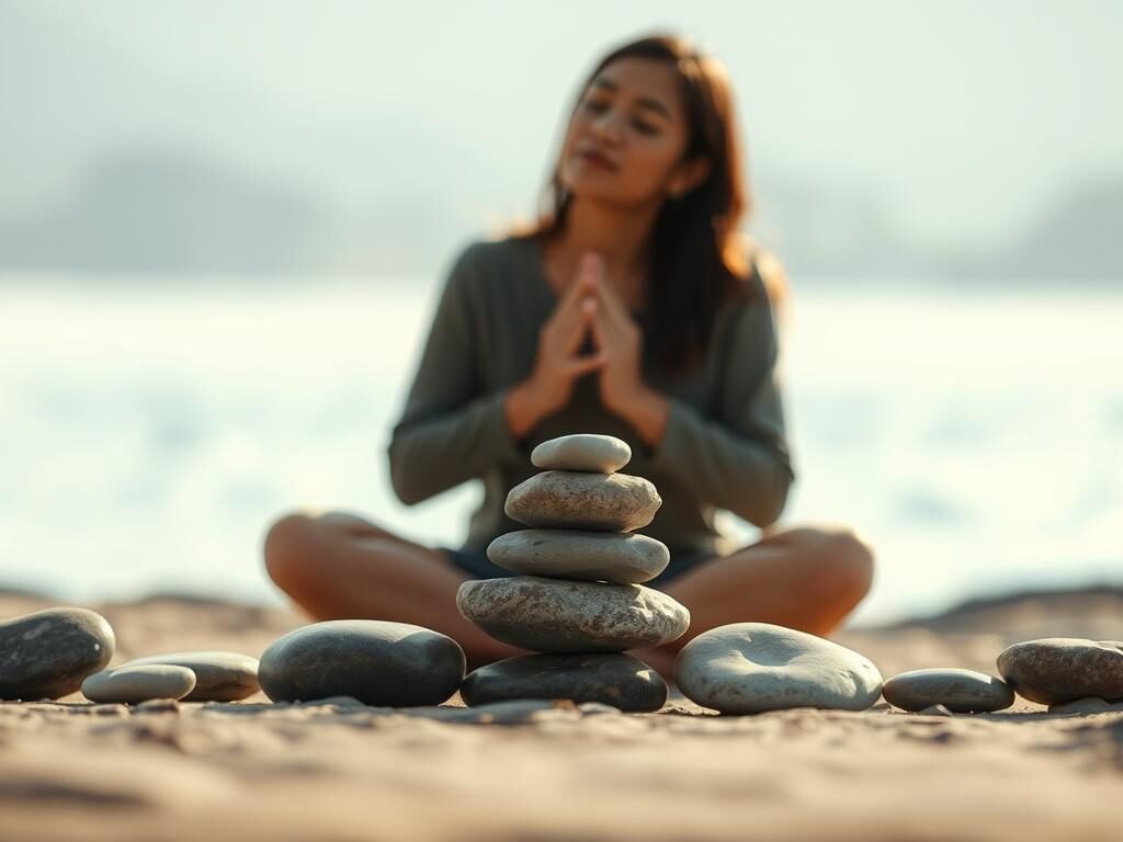 A serene, minimalist scene depicting a person attempting to stop the cycle of rumination. In the foreground, a person sits cross-legged on the ground, their eyes closed in deep contemplation, their hands resting gently on their lap. The lighting is soft and natural, casting a warm, calming glow. In the middle ground, a simple, elegant arrangement of smooth river stones, symbolizing the process of grounding and finding inner peace. The background is a blurred, tranquil landscape, with a hint of a calming body of water in the distance, suggesting a sense of tranquility and escape from the overwhelming thoughts.