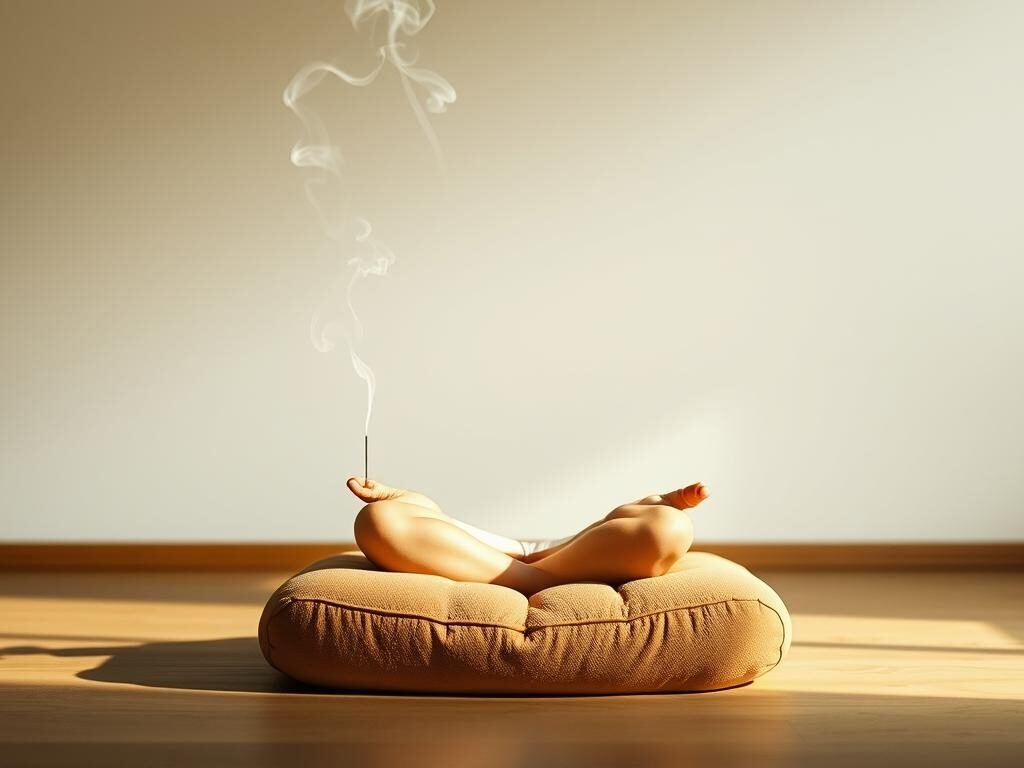 A serene, minimalist scene depicting the practice of mindfulness strategies. In the foreground, a person sits cross-legged on a plush, earthy-toned meditation cushion, their eyes closed in contemplation. Soft, diffused lighting gently illuminates their peaceful expression. In the middle ground, wisps of incense smoke curl upwards, creating a calming atmosphere. The background features a simple, natural landscape - perhaps a tranquil garden or forest setting, conveying a sense of grounding and connection with the natural world. The overall mood is one of inner focus, tranquility, and the cultivation of present-moment awareness.
