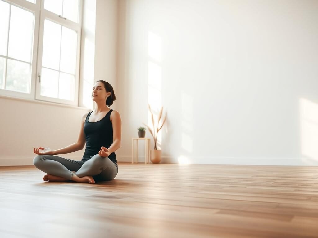 A serene, minimalist scene of a person practicing mindfulness. In the foreground, a person sits cross-legged on a wooden floor, their eyes closed and hands resting gently on their lap, exuding a sense of tranquility. Soft natural lighting filters in through large windows, casting a warm, peaceful glow. In the middle ground, sparse decor, such as a potted plant or simple artwork, adds subtle visual interest. The background is a plain, neutral-toned wall, allowing the focal point to remain uncluttered and the viewer's attention to be drawn to the meditative figure. The overall mood is one of introspection, stillness, and the calming power of mindfulness practices.