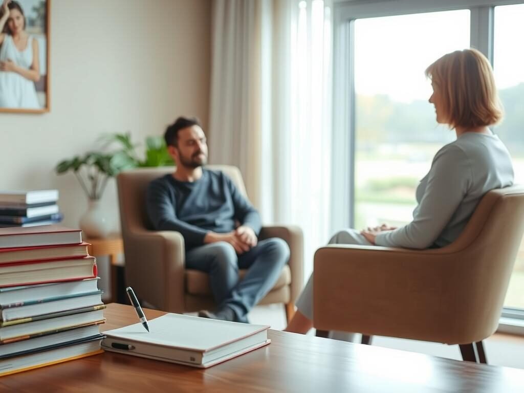 A serene office setting, with a therapist's desk in the foreground, featuring a stack of books, a pen holder, and a potted plant. In the middle ground, a patient sits comfortably in an armchair, engaged in a thoughtful discussion with the therapist, whose expression conveys empathy and understanding. The background depicts a warm, inviting environment, with soft lighting, neutral-toned walls, and a window overlooking a peaceful outdoor scene, symbolizing the tranquility and introspection associated with the treatment of intrusive thoughts. The overall mood is one of calm, reflection, and the collaborative process of addressing mental health challenges.