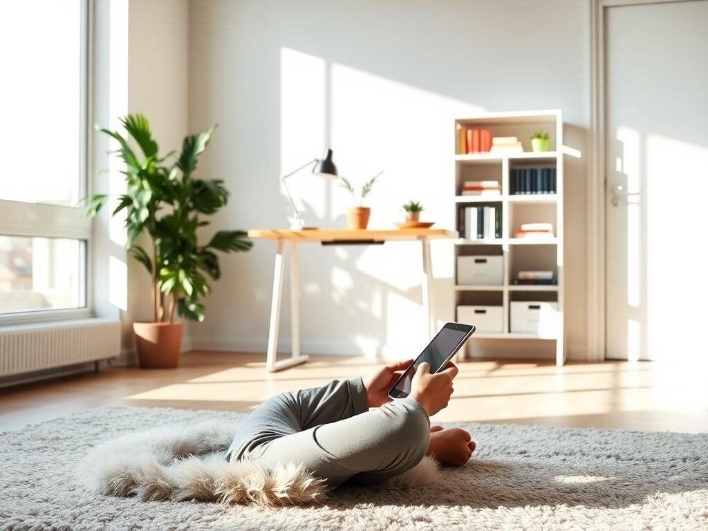 A serene office space, filled with natural light streaming through large windows. In the foreground, a person sits cross-legged on a plush rug, deeply engaged in a digital mindfulness exercise on their tablet. The middle ground features a stylish standing desk, with a potted plant and a few carefully curated items that promote focus and calm. The background showcases a minimalist bookshelf, displaying titles on neuroscience and behavioral strategies for managing digital stress. The overall scene conveys a sense of tranquility and balance, reflecting the application of neurosciencebased techniques to create a healthier relationship with digital technology.