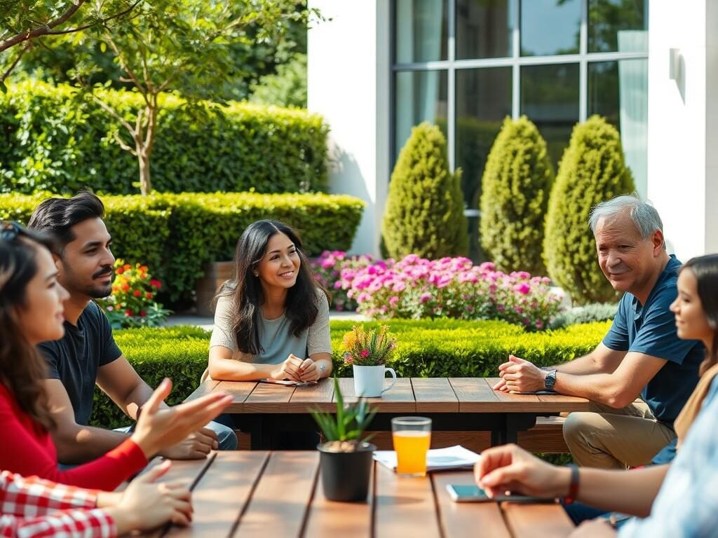 A serene outdoor scene with people engaged in thoughtful conversation and collaborative activities, capturing the essence of developing social skills. In the foreground, a diverse group of individuals seated around a wooden table, gesturing animatedly and maintaining eye contact, their expressions conveying a sense of openness and connection. The middle ground features a lush, verdant garden with vibrant flowers and neatly trimmed hedges, creating a calming and nurturing environment. In the background, a modern, minimalist building with large windows allows natural light to flood the scene, imbuing it with a sense of warmth and tranquility. The overall composition emphasizes the importance of fostering meaningful social interactions and personal growth.