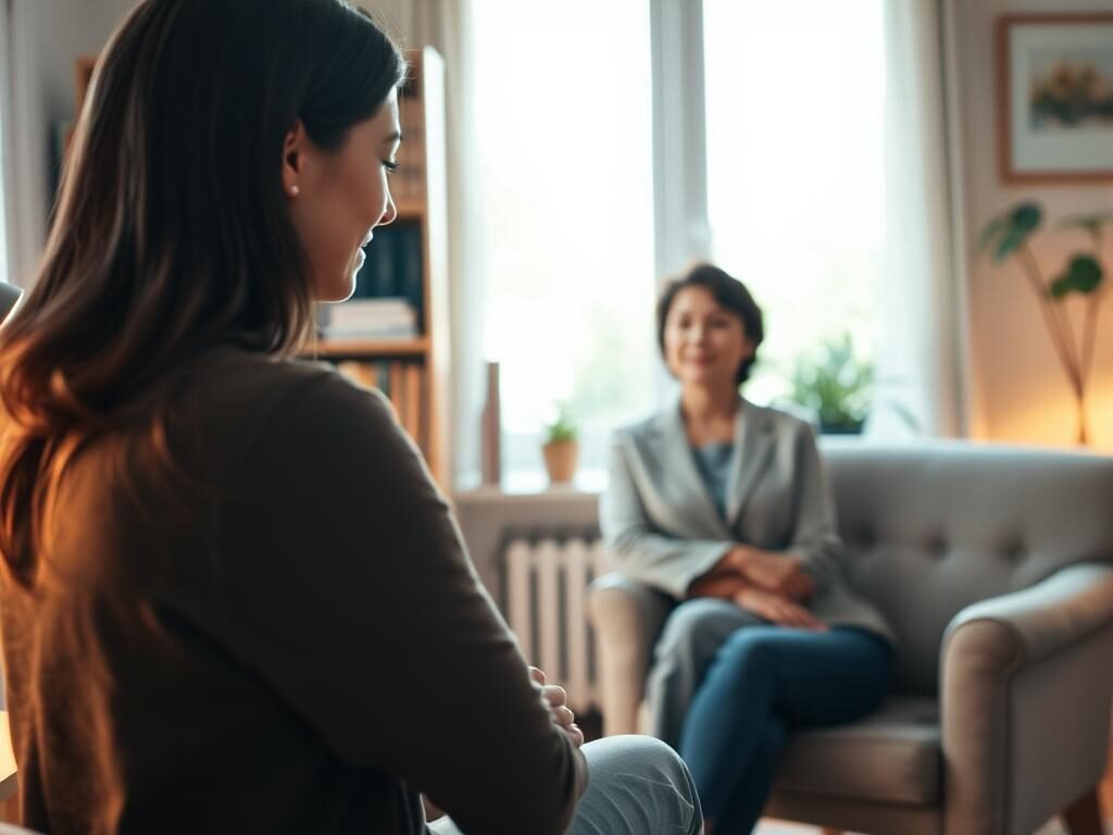 A serene, professional counseling session set in a cozy, well-lit home office. In the foreground, a compassionate therapist listens intently, their facial expression conveying empathy and understanding. The client, seated comfortably in an armchair, appears at ease, engaged in a meaningful dialogue. Soft, warm lighting from a desk lamp and natural sunlight filtering through a window create a calming atmosphere. The background features bookshelves, plants, and subtle artwork, suggesting a nurturing, therapeutic environment. The overall scene conveys the importance of seeking professional help to address mental health concerns.