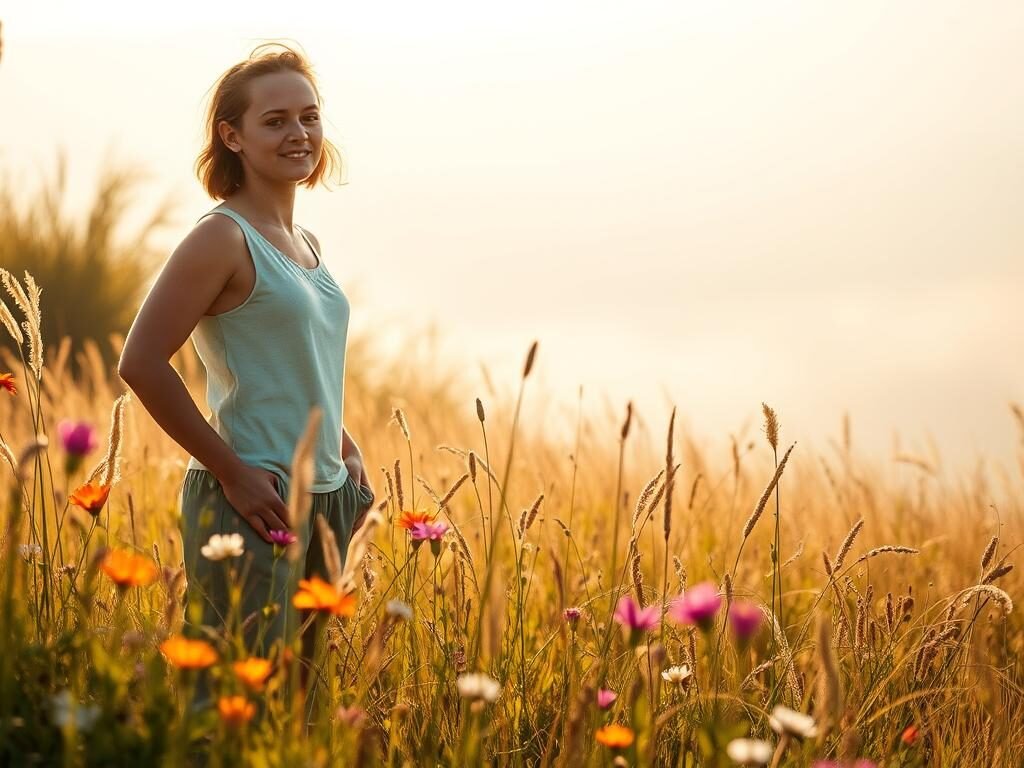 A serene, sun-dappled meadow, lush with vibrant wildflowers and swaying grasses. In the foreground, a confident and self-assured figure stands tall, their expression radiating inner peace and self-acceptance. Soft, warm lighting bathes the scene, creating a sense of tranquility and self-reflection. The background fades into a hazy, dreamlike landscape, symbolizing the empowering journey of self-discovery and the blossoming of one's authentic self. The overall atmosphere conveys a profound sense of self-esteem, self-worth, and the power of positive self-perception.