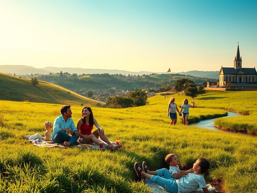 A serene, sun-dappled meadow on a tranquil hillside, with a gently flowing stream meandering through the lush, verdant landscape. In the foreground, a family sitting on a picnic blanket, their faces alight with joy and contentment as they share a simple meal together. In the middle ground, a group of children playfully chasing butterflies, their laughter carried on the light breeze. In the distance, a picturesque village nestled among rolling hills, its charming houses and church steeple bathed in the warm glow of the setting sun. The scene exudes a sense of harmony, balance, and a deep appreciation for the simple pleasures of life, conveying the essence of "qualidade de vida" - a tranquil, fulfilling existence in tune with the natural world.