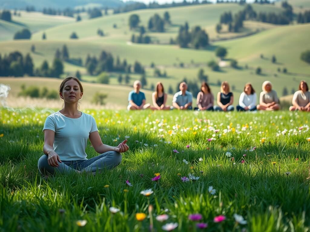 A serene, sun-dappled meadow with lush green grass and vibrant wildflowers. In the foreground, a person sits cross-legged, their eyes closed in a peaceful meditation pose. Wisps of smoke curl from a lit incense stick beside them, filling the air with a calming aroma. In the middle ground, a group of people of diverse ages and backgrounds gather, some seated, others standing, all with expressions of tranquility and inner focus. The background features rolling hills dotted with trees, a picturesque landscape that evokes a sense of harmony and well-being. The lighting is soft and natural, creating a warm, inviting atmosphere that captures the essence of successful mindfulness practices.