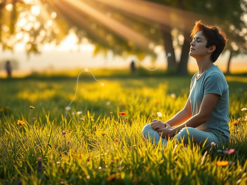 A serene, sun-dappled meadow, with lush green grass and vibrant wildflowers. In the foreground, a person sits cross-legged, eyes closed, their expression one of deep focus and tranquility. Rays of warm light filter through the trees, casting a gentle glow over the scene. In the middle ground, tendrils of thought, represented as wispy, ethereal forms, begin to dissipate and fade away, signifying the process of overcoming intrusive thoughts. The background features a distant, hazy horizon, conveying a sense of expansiveness and the potential for growth and transformation. The overall mood is one of inner peace, resilience, and the power of mindfulness to confront and release intrusive mental patterns.