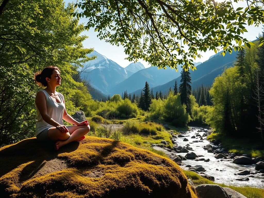 A serene, sun-dappled outdoor scene depicting the concept of self-care. In the foreground, a person sits cross-legged on a plush, moss-covered rock, their eyes closed in meditation. They are surrounded by a lush, verdant forest, with dappled sunlight filtering through the canopy above. In the middle ground, a tranquil stream winds its way through the undergrowth, its gentle gurgling adding to the calming atmosphere. In the background, majestic mountains rise up, their peaks capped with snow. The overall mood is one of peaceful introspection and rejuvenation, capturing the essence of the importance of self-care.
