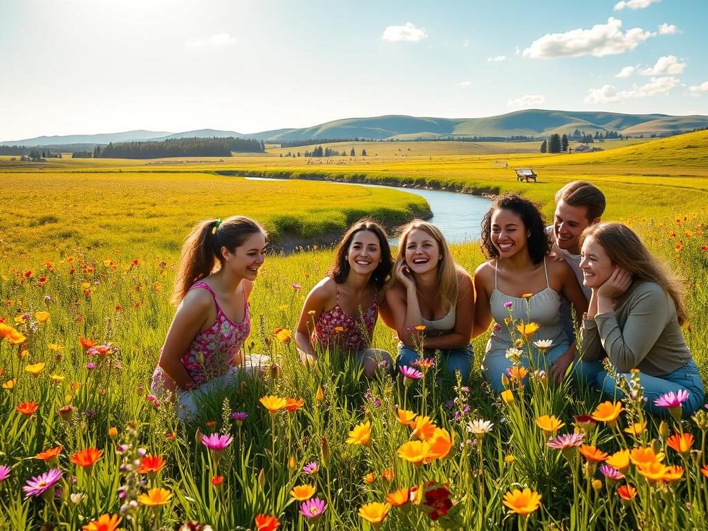 A serene, sun-drenched meadow filled with lush, vibrant greenery and an abundance of colorful, blooming wildflowers. In the foreground, a group of diverse individuals, their faces alight with joy and contentment, as they share in a heartwarming moment of camaraderie and mutual support. The middle ground features a tranquil stream, its gentle waters reflecting the warm, golden light of the sky. In the distance, rolling hills and a picturesque landscape create a sense of peaceful, pastoral beauty. The overall scene conveys a profound sense of positivity, wellness, and the transformative power of human connection.